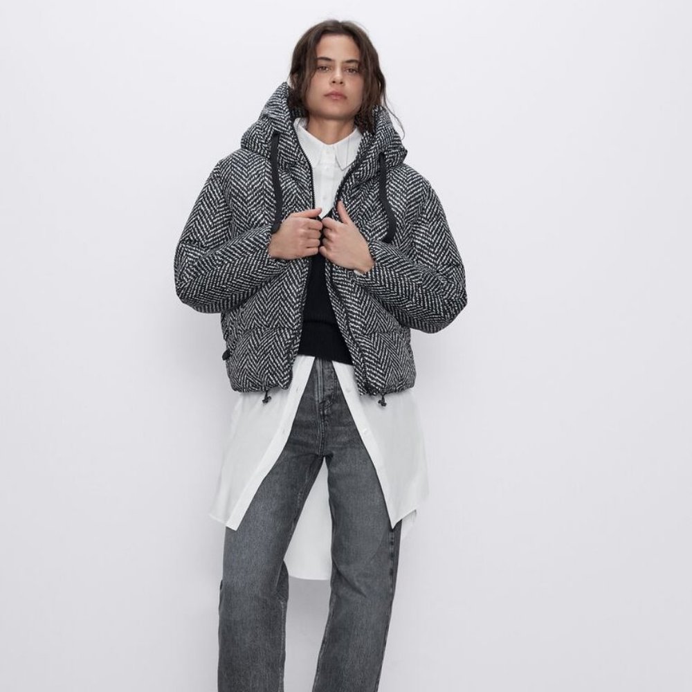 ZARA Black and White Hooded Puffer Jacket